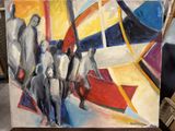a painting of a group of people standing in front of a painting