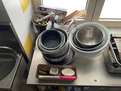 pots and pans sitting on a kitchen counter with a window in the background
