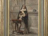 un vieux tableau représentant une femme avec un chien posé sur une table