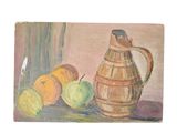 a painting of a jug, apples and oranges on a table