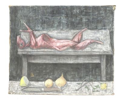 Jacques BLENY (1925-1960). Nature morte au lapin écorché et … - Photo 1