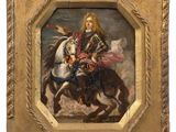 painting of a man riding on a horse with a sword in his hand