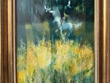 framed oil painting of a white horse and rider in a field