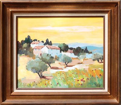 an oil painting of a landscape with a house and olive trees