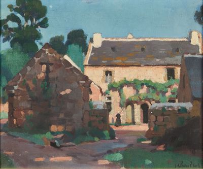 an oil painting of a house and a dog in front of a stone building