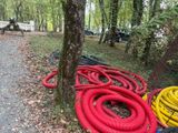 several hoses are lined up next to a tree in the woods