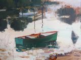 une peinture représentant un bateau sur l'eau, avec d'autres bateaux en arrière-plan