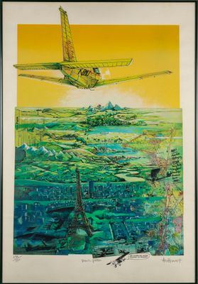 une image représentant un tableau où l'on voit un avion survolant une étendue d'eau