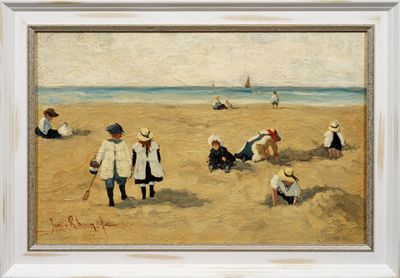 tableau représentant un groupe de personnes sur une plage au bord d'un plan d'eau
