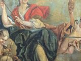 a painting of a woman sitting on a couch with music instruments