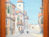 an oil painting of a street scene with a person walking down the street