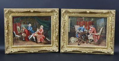 deux tableaux représentant un homme et une femme assis à une table