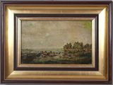 un tableau représentant un paysage avec, au loin, des chevaux et des cavaliers