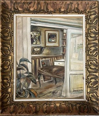 tableau représentant une pièce avec un piano et une chaise