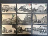 several old black and white photographs of a town street