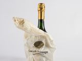 a bottle of champagne in a paper bag on a table