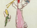 a drawing of a woman holding a bird and a fish