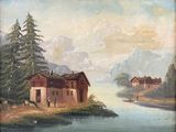 painting of a village by a river with a boat in the foreground
