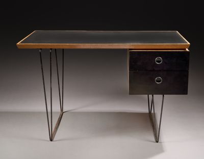 a black desk with two drawers and hairpin legs