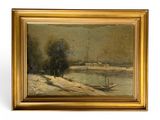 an image of a painting of a landscape with a boat in the water