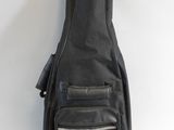 the guitar case is black and has a white logo on it