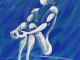 a painting of two people sitting on top of a surfboard