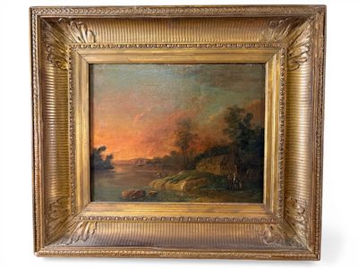 une peinture à l'huile représentant un coucher de soleil sur une rivière, avec un bateau sur l'eau