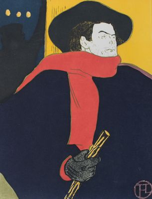 tableau représentant un homme vêtu d'un manteau noir et d'une écharpe rouge, tenant une canne