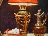 a picture of a painting of a table with a lamp on it