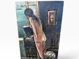 tableau représentant une femme nue assise sur une chaise devant une fenêtre