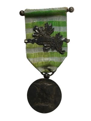 une vieille médaille représentant un cheval est suspendue à un ruban