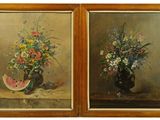 deux tableaux représentant des fleurs dans un vase et une pastèque posée sur une table