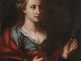 a painting of a woman in a red cloak holding a mirror