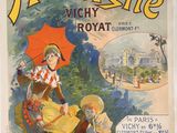 une vieille affiche faisant la promotion d'une ville d'Auvergne, sur laquelle on voit une femme à cheval