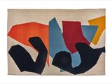 une peinture abstraite sur fond beige, composée de formes noires, orange, bleues et jaunes