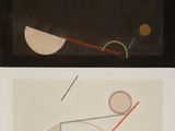 two paintings of different shapes and sizes on a white surface