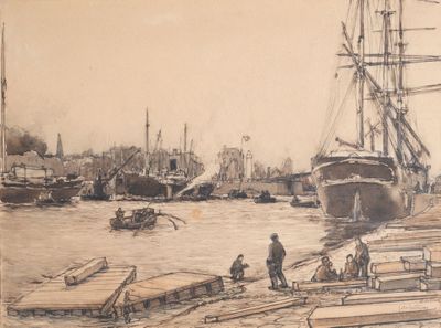 un dessin représentant un bateau dans l'eau, avec d'autres bateaux en arrière-plan