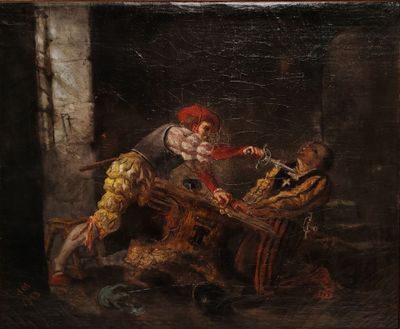 an image of a painting of a man with a sword in a room