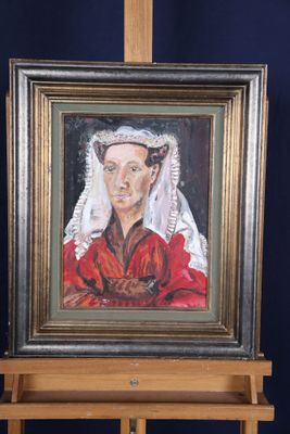 tableau représentant une femme en robe rouge posée sur un chevalet en bois
