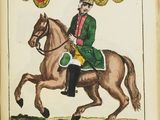 an old book with a drawing of a man on a horse holding a sword