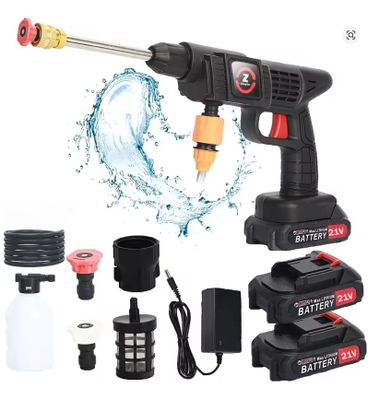 a close up of a cordless drill with a battery and accessories