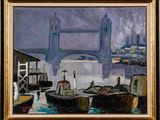 painting of a painting of a bridge and boats in a harbor