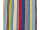 a multicolored striped rug on a white background
