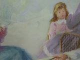 a painting of a little girl sitting in a rocking chair