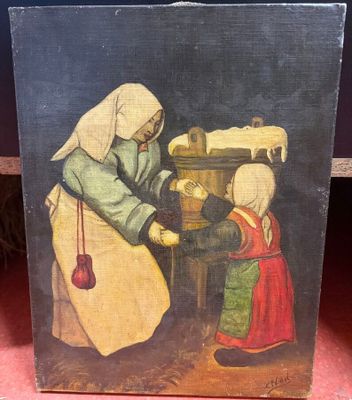 un vieux tableau représentant une femme et un enfant devant un poêle