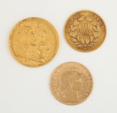 trois pièces d'or, dont une souveraine et une autre souveraine