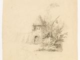 a drawing of a castle with a tower and trees in the foreground