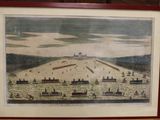 tableau représentant une vue d'une ville vue de loin, avec des bateaux au premier plan