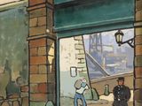 a painting of a man walking down a cobblestone street