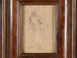 an old drawing of a woman holding a child in a wooden frame